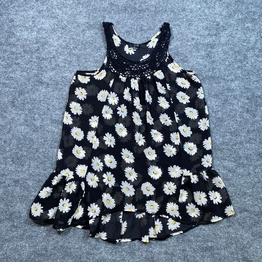 XXI Forever 21 Black Daisy Floral Crochet Lace Bib Ruffle Peplum Tank Top L